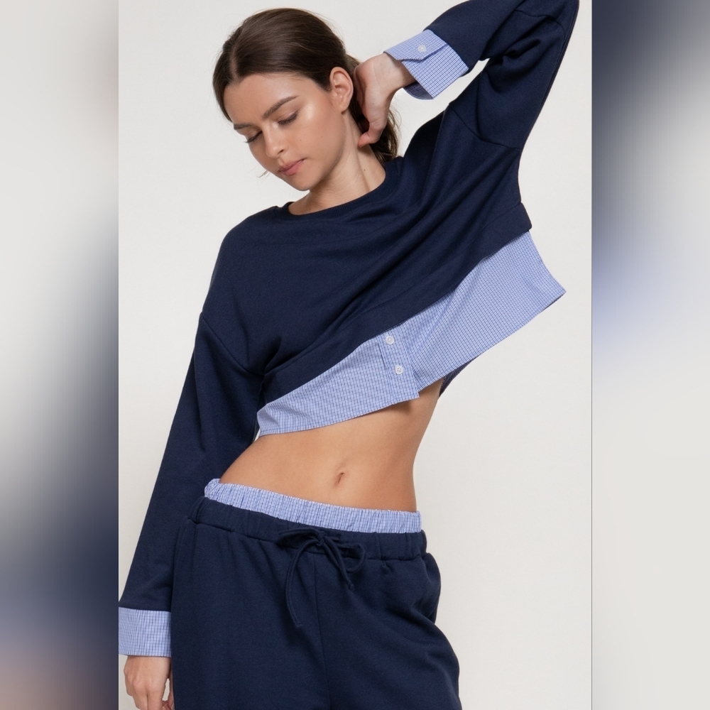 Active USA Navy Layered Look Crop Pullover - Faux Shirt Hem & Cuffs
